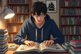 Jeune fan de manga lisant un scan de One Piece à son bureau entouré de volumes manga
