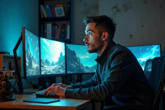 Fan de science-fiction captivé par l'interface du jeu Aeonscope sur son écran dans un appartement futuriste