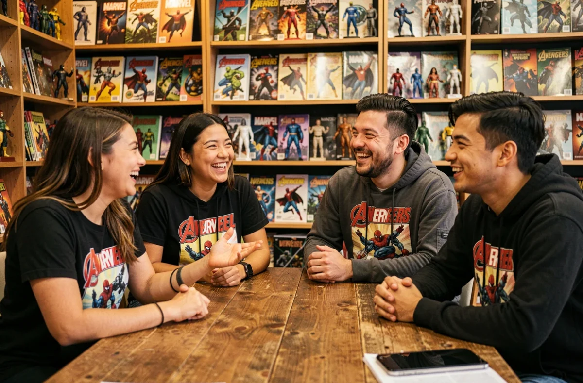 Groupe de jeunes fans Marvel discutant dans une librairie de comics entourés de figurines et de graphic novels Avengers et Spider-Man
