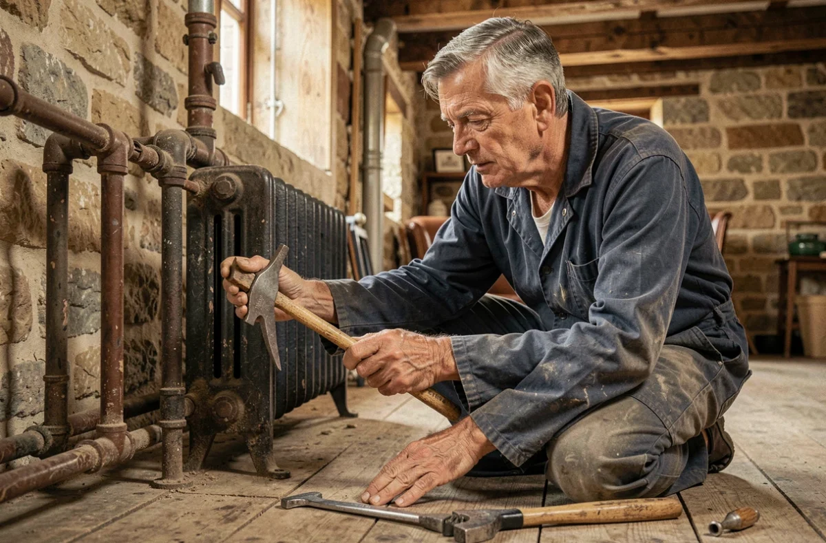 Plombier expérimenté de Favergeat Sarl inspectant un ancien système de chauffage dans un bâtiment historique d'Auxerre