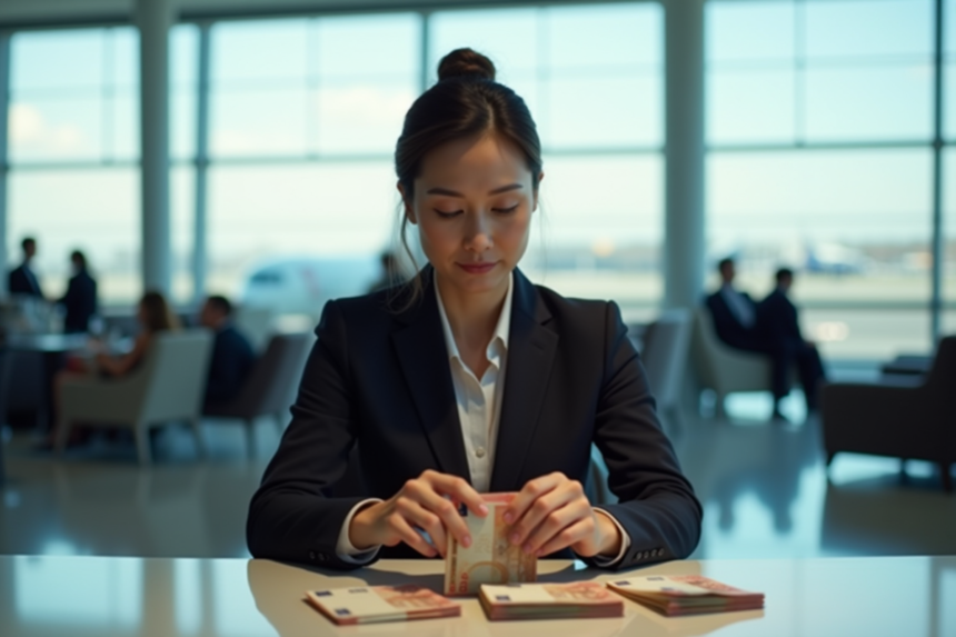Femme d'affaires comptant des billets à l'aéroport
