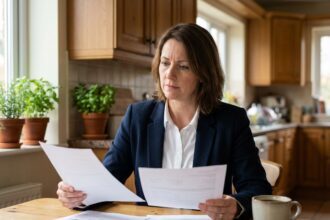 Femme d'affaires en cuisine comparant des documents