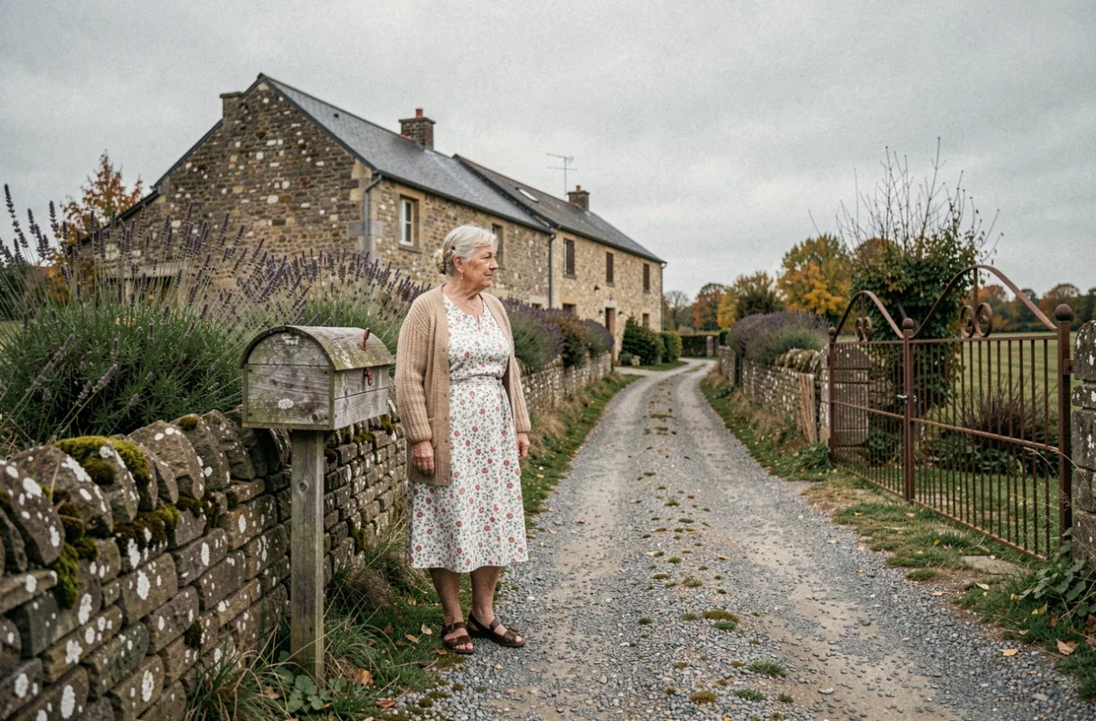 Femme âgée attendant le passage du facteur devant sa boîte aux lettres en milieu rural