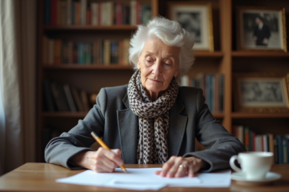 Femme française âgée examine documents de retraite