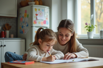 Femme aidant sa fille avec ses devoirs à la maison