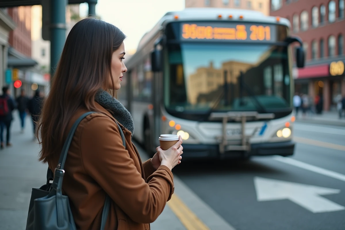 Femme vérifiant l'heure à l'arrivée du bus 172 dans un centre-ville animé