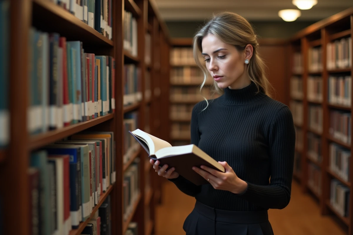 Femme tenant un livre biographique dans une bibliothèque publique, remettant en question les informations sur Juliette Plumecocq-Mech et son mari