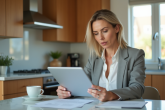 Femme d'âge moyen travaillant sur une tablette à la maison