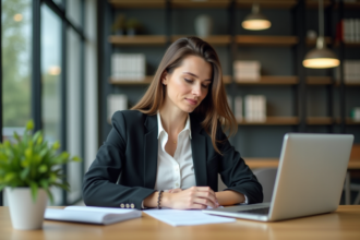 Femme en bureau regardant des rapports d'investissement durable