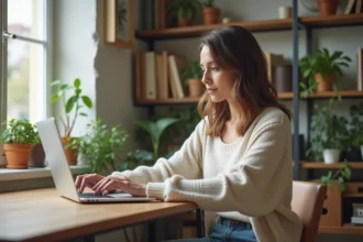 Femme concentrée travaillant sur un ordinateur portable dans un bureau lumineux