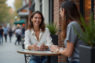 Femme souriante assise au café en ville