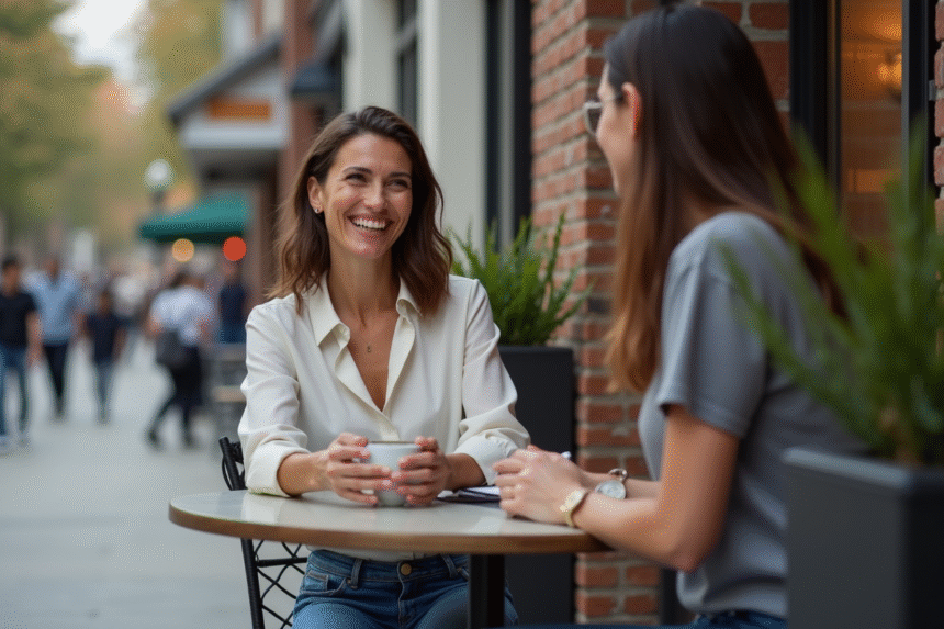 Femme souriante assise au café en ville