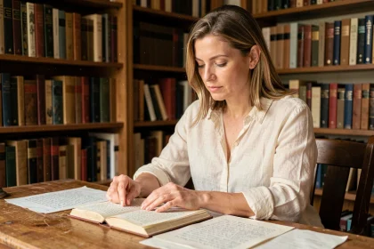 Femme qui compte les vers d'une strophe dans un carnet de poésie manuscrit, entourée de livres de littérature