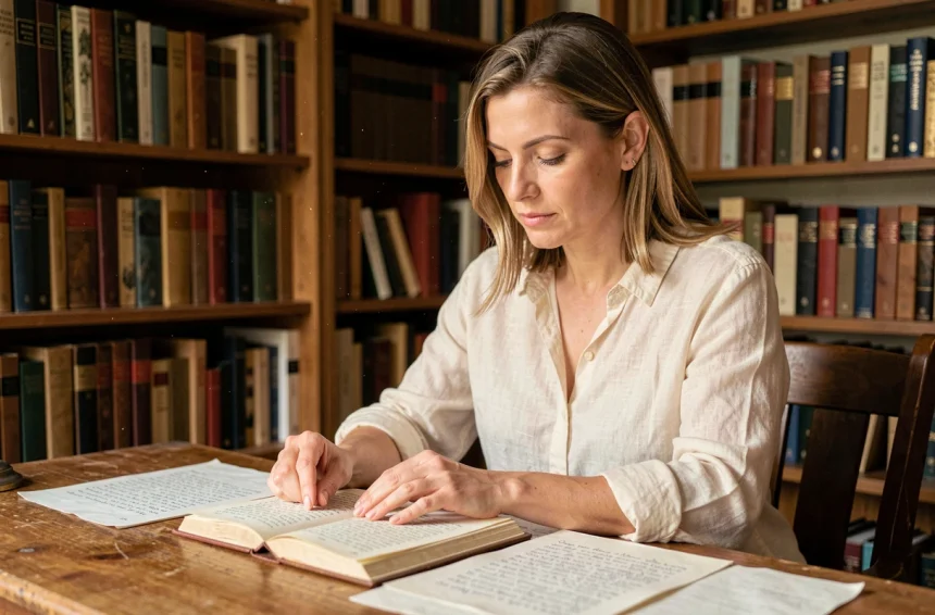 Femme qui compte les vers d'une strophe dans un carnet de poésie manuscrit, entourée de livres de littérature