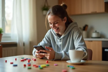 Femme jouant à Monopoly Go sur smartphone avec des pions de jeu de société posés sur une table en bois, cherchant des conseils pour maximiser ses récompenses quotidiennes
