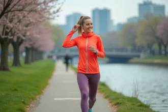 Jeune femme courant dans un parc urbain au printemps