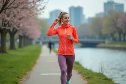 Jeune femme courant dans un parc urbain au printemps
