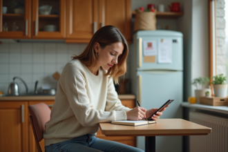 Femme assise à la cuisine en train d'écrire dans un carnet
