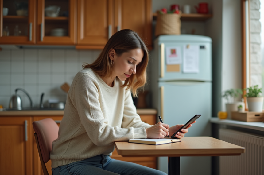 Femme assise à la cuisine en train d'écrire dans un carnet