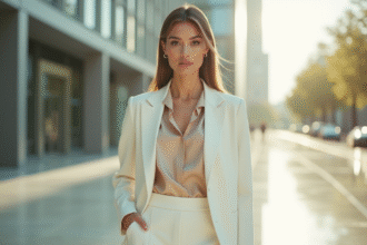 Femme élégante en blazer blanc et pantalon haut taille