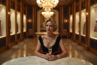 Femme élégante en robe de soirée dans une boutique luxueuse