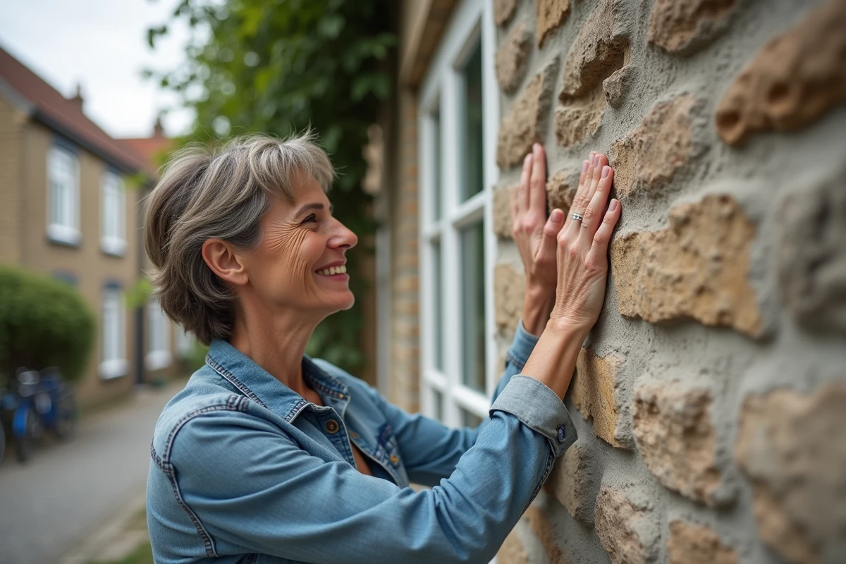Femme souriante touchant la façade rénovée de sa maison