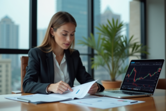 Femme d affaires examinant documents financiers et ordinateur