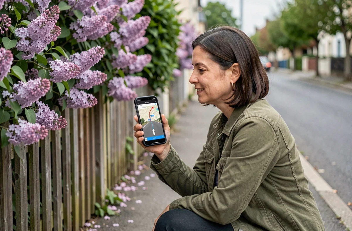Femme utilisant une application GPS sur smartphone pour trouver l'impasse des Lilas dans une rue résidentielle