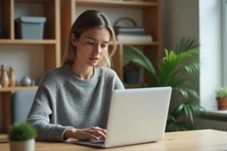 Femme consultant son historique de commandes Amazon sur un laptop dans un bureau à domicile organisé