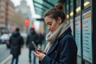 Femme consultant les horaires du bus 172 sur son smartphone à un arrêt de bus en ville