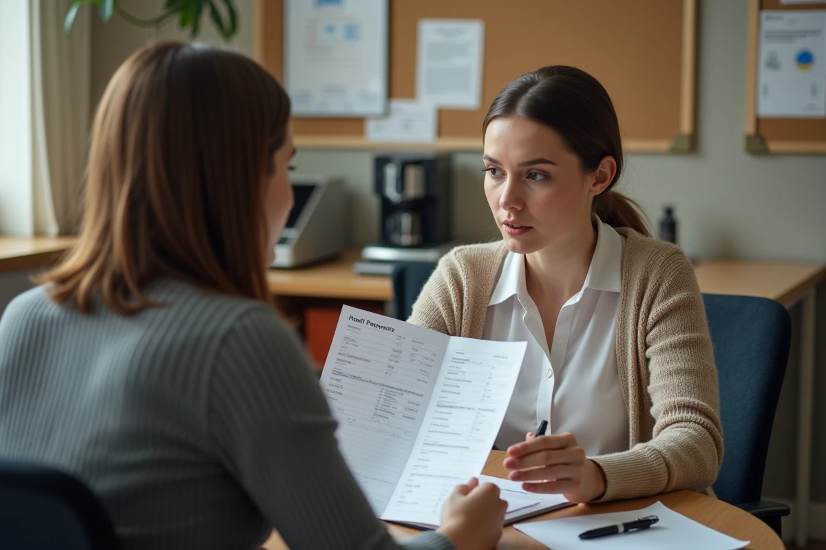 Femme RH expliquant une fiche de paie à un collègue