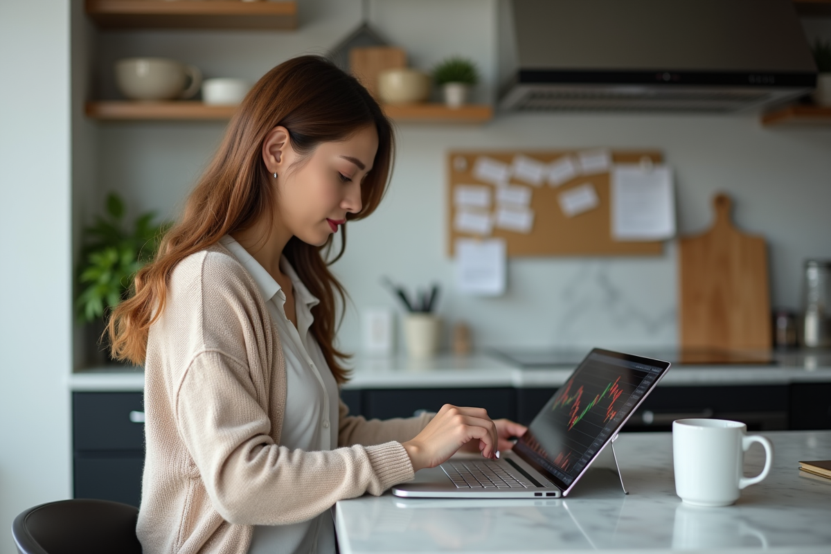 Jeune femme regarde un graphique boursier sur sa tablette
