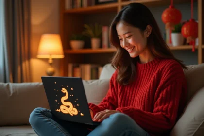 Jeune femme jouant au jeu Google Année du Serpent sur un laptop depuis son canapé