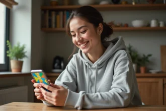 Femme jouant à un jeu de plateau mobile sur smartphone avec des dés et des pièces d'or à l'écran