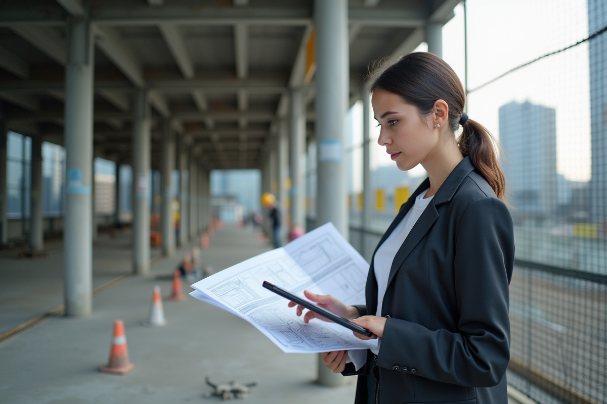 Femme analysant des plans de construction sur un site urbain