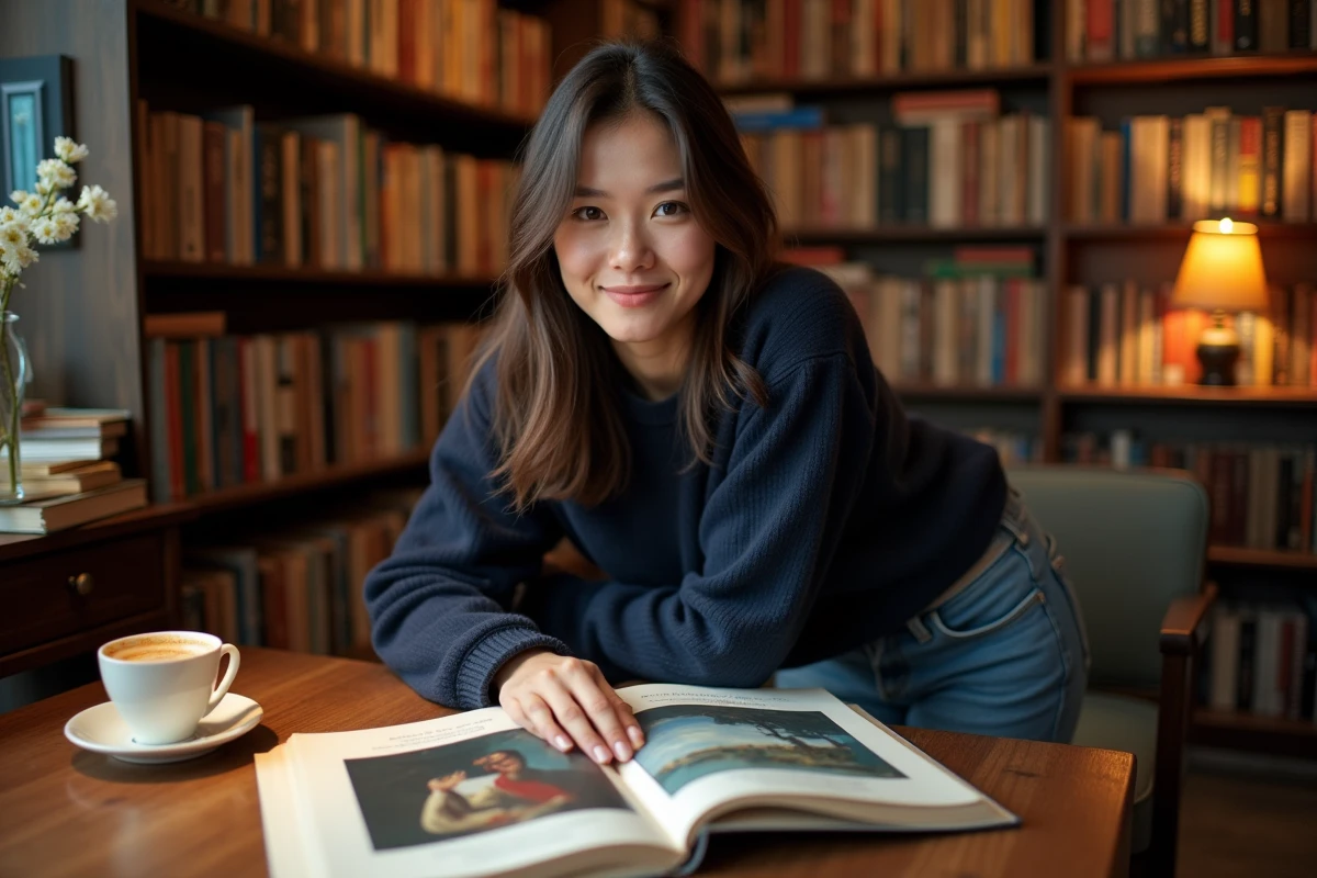Jeune femme consultant un livre d'art abstrait dans une librairie indépendante, explorant la définition et l'histoire de l'art abstrait
