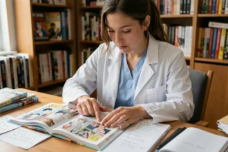 Une femme médecin lit un manga sur son bureau entouré de volumes et de notes de lecture