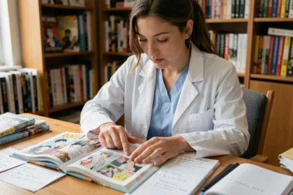 Une femme médecin lit un manga sur son bureau entouré de volumes et de notes de lecture
