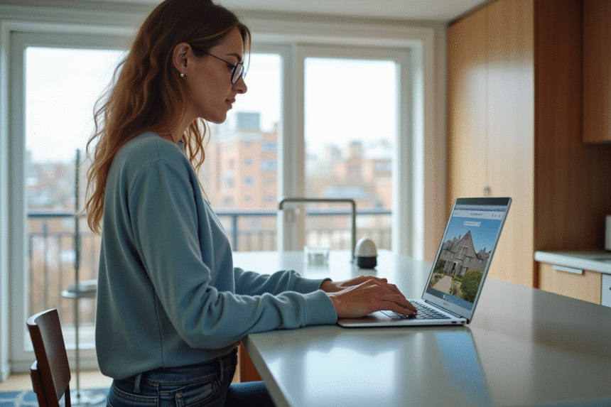 Femme concentrée sur son ordinateur dans un appartement moderne