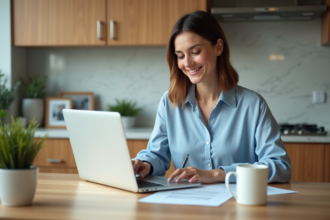 Femme souriante à la maison avec documents de prêt immobilier