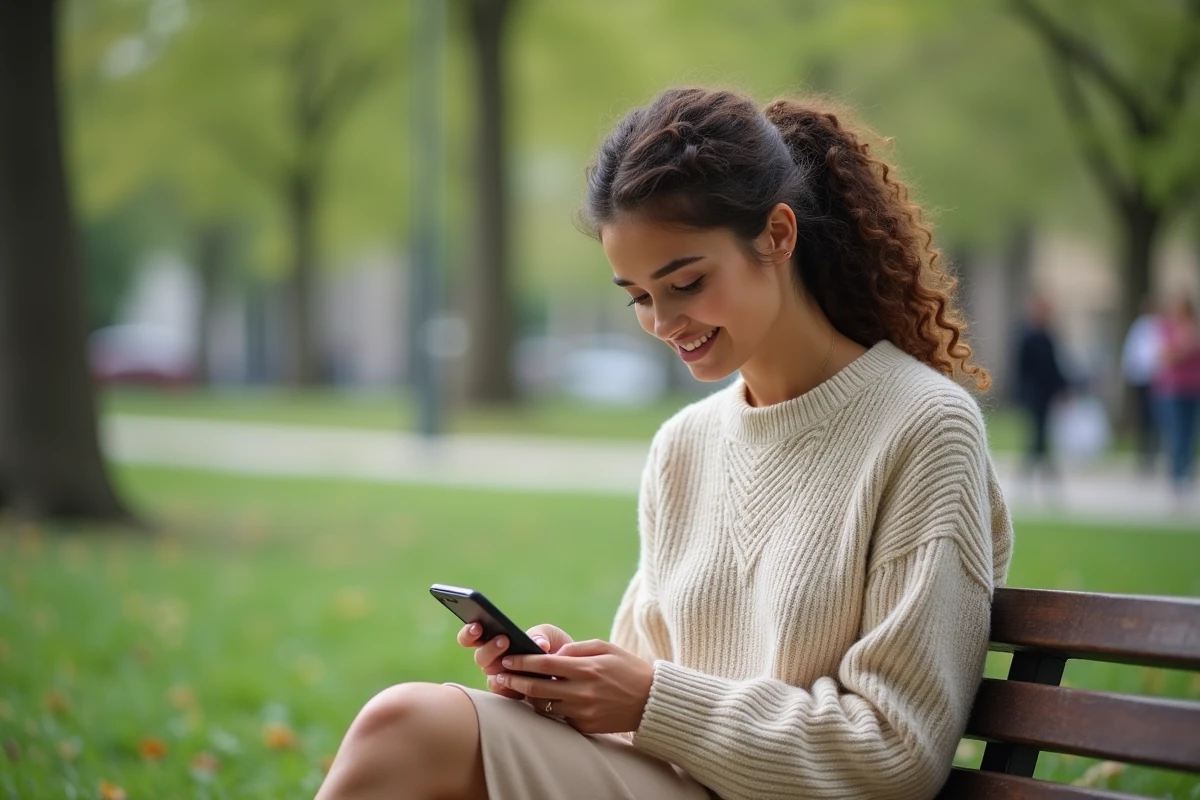 Femme assise dans un parc regardant son smartphone avec un sourire