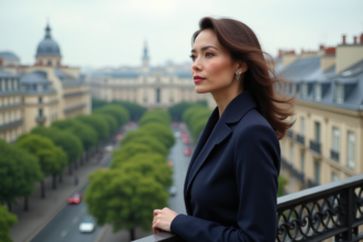 Femme française élégante sur un balcon parisien