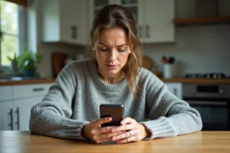 Femme perplexe regardant un numéro inconnu 262 639 sur son smartphone dans une cuisine