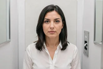 Femme assise dans un photomaton moderne pour la prise de photos d'identité officielles