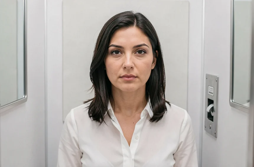 Femme assise dans un photomaton moderne pour la prise de photos d'identité officielles