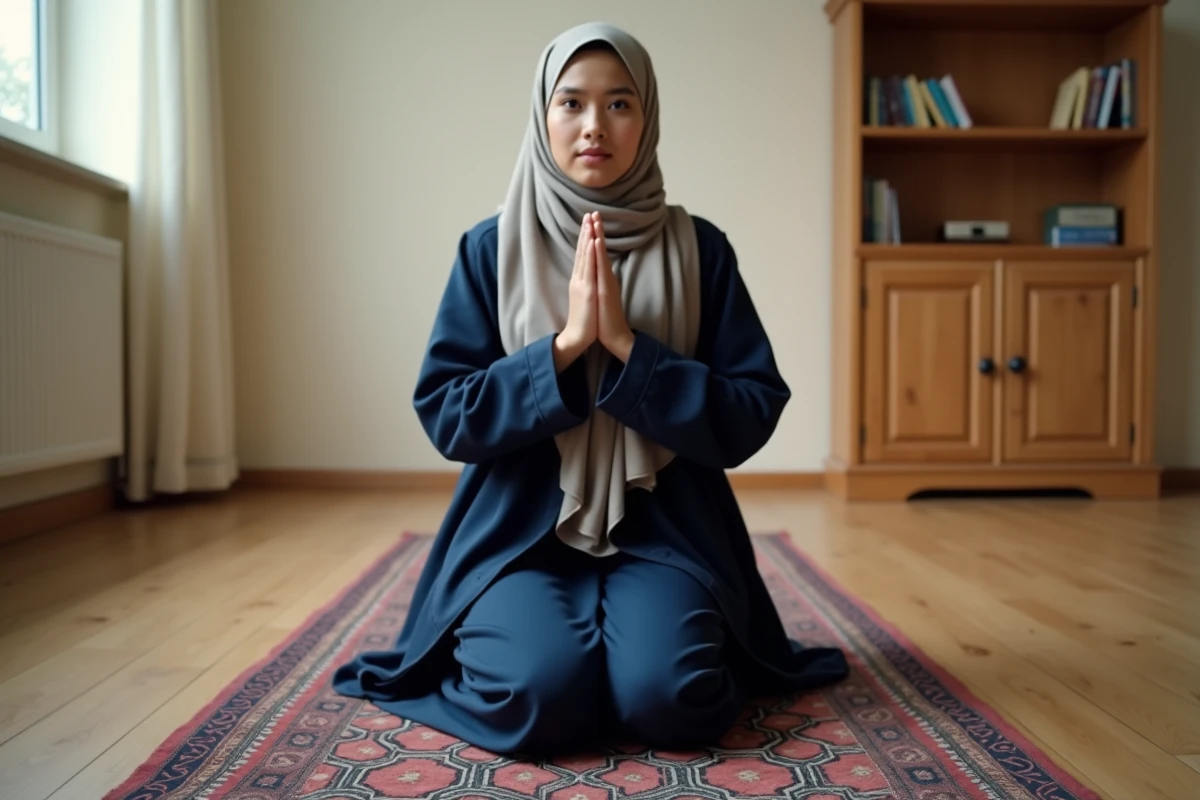 Femme en abaya effectuant la prière sur un tapis de prière dans un appartement de Roubaix