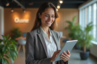 Femme en blazer tenant une tablette dans un bureau moderne