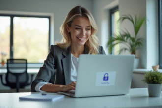 Jeune femme souriante se connectant à une plateforme en ligne
