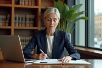 Femme professionnelle rédigeant un email formel à un notaire sur son ordinateur portable dans un bureau juridique
