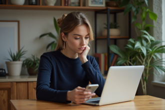 Femme réfléchie utilisant son smartphone à la maison